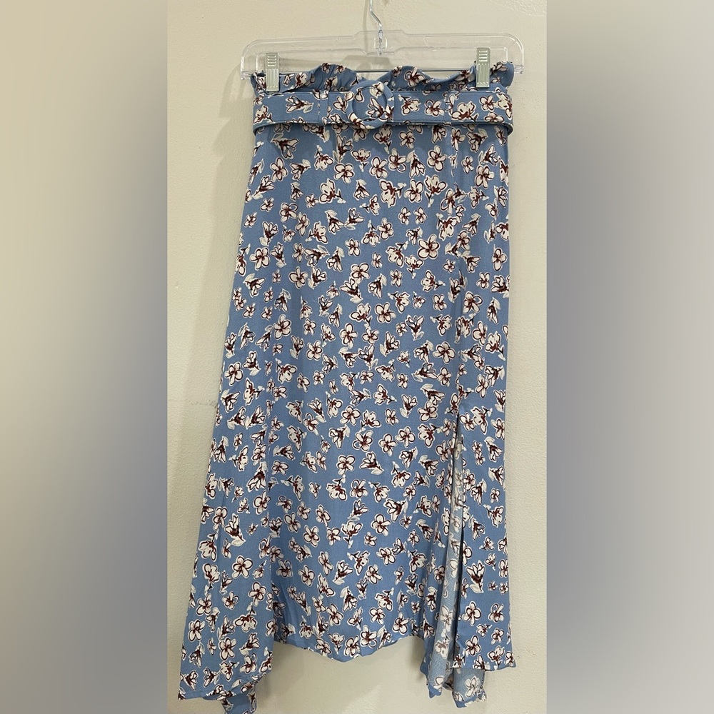 Urban Revivo Blue Floral Printed Ruched A-Line Midi Skirt Size XS
